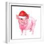 Cheerful Pig in Red Santa Hat. Watercolor for New Year 2019-zzorik-Framed Photographic Print