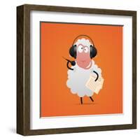 Cheerful Sheep in Headphones Singing in Microphone-tsirik-Framed Art Print