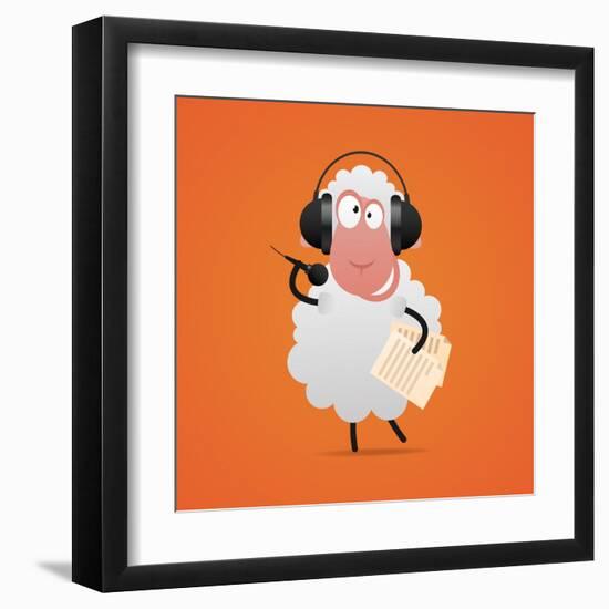 Cheerful Sheep in Headphones Singing in Microphone-tsirik-Framed Art Print