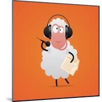 Cheerful Sheep in Headphones Singing in Microphone-tsirik-Mounted Art Print