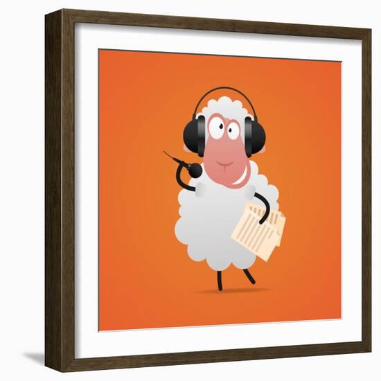 Cheerful Sheep in Headphones Singing in Microphone-tsirik-Framed Art Print