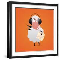 Cheerful Sheep in Headphones Singing in Microphone-tsirik-Framed Art Print