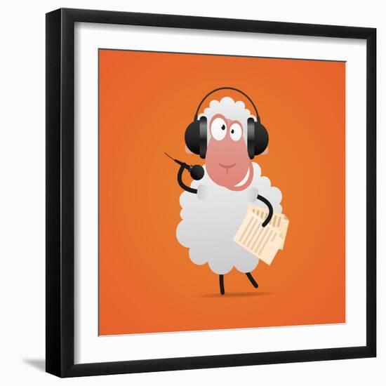 Cheerful Sheep in Headphones Singing in Microphone-tsirik-Framed Art Print