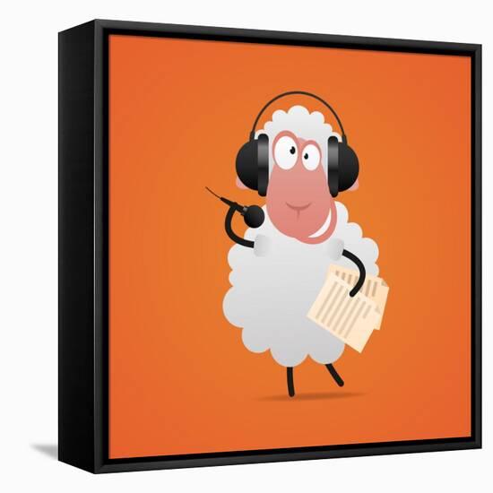 Cheerful Sheep in Headphones Singing in Microphone-tsirik-Framed Stretched Canvas