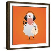 Cheerful Sheep in Headphones Singing in Microphone-tsirik-Framed Premium Giclee Print