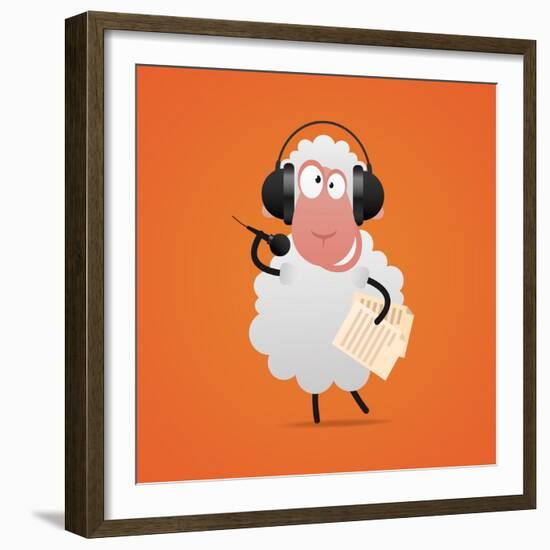 Cheerful Sheep in Headphones Singing in Microphone-tsirik-Framed Premium Giclee Print