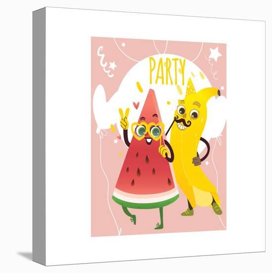 Cheerful Watermelon and Banana at Summer Party-sabelskaya-Stretched Canvas