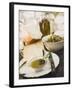 Cheese, Olives and Olive Oil on Table Out of Doors-null-Framed Photographic Print