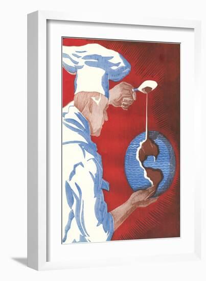 Chef Pouring Chocolate Onto Globe-null-Framed Art Print