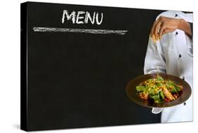 Chef with Healthy Salad Food on Chalk Blackboard Menu Background-alistaircotton-Stretched Canvas