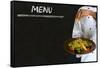 Chef with Healthy Salad Food on Chalk Blackboard Menu Background-alistaircotton-Framed Stretched Canvas