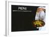 Chef with Healthy Salad Food on Chalk Blackboard Menu Background-alistaircotton-Framed Art Print