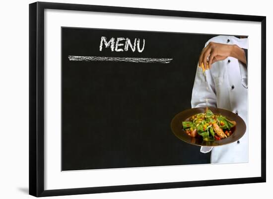 Chef with Healthy Salad Food on Chalk Blackboard Menu Background-alistaircotton-Framed Art Print