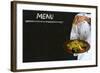 Chef with Healthy Salad Food on Chalk Blackboard Menu Background-alistaircotton-Framed Art Print