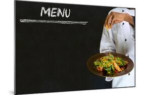 Chef with Healthy Salad Food on Chalk Blackboard Menu Background-alistaircotton-Mounted Art Print