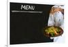 Chef with Healthy Salad Food on Chalk Blackboard Menu Background-alistaircotton-Framed Art Print