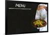 Chef with Healthy Salad Food on Chalk Blackboard Menu Background-alistaircotton-Framed Art Print