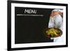 Chef with Healthy Salad Food on Chalk Blackboard Menu Background-alistaircotton-Framed Art Print