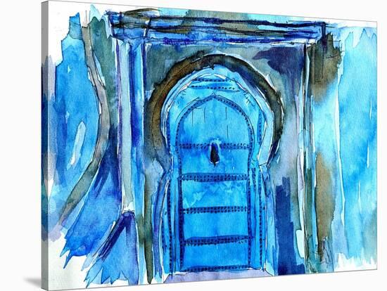 Chefchaouen Morocco Blue Door Watercolor-Markus Bleichner-Stretched Canvas