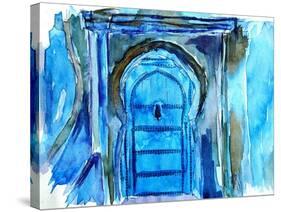 Chefchaouen Morocco Blue Door Watercolor-Markus Bleichner-Stretched Canvas