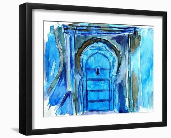 Chefchaouen Morocco Blue Door Watercolor-Markus Bleichner-Framed Art Print