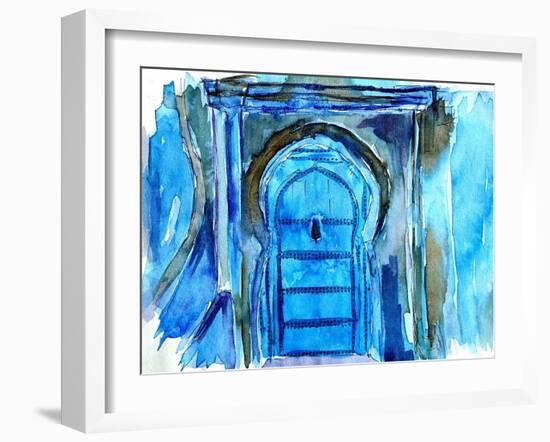 Chefchaouen Morocco Blue Door Watercolor-Markus Bleichner-Framed Art Print