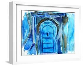 Chefchaouen Morocco Blue Door Watercolor-Markus Bleichner-Framed Art Print