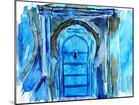 Chefchaouen Morocco Blue Door Watercolor-Markus Bleichner-Mounted Art Print