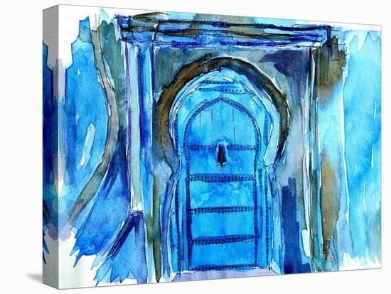 Chefchaouen Morocco Blue Door Watercolor-Markus Bleichner-Stretched Canvas