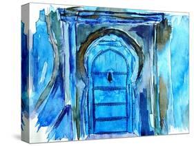 Chefchaouen Morocco Blue Door Watercolor-Markus Bleichner-Stretched Canvas