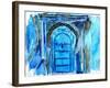 Chefchaouen Morocco Blue Door Watercolor-Markus Bleichner-Framed Art Print