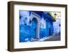 Chefchaouen, Morocco. Cat and blue door and buildings-Jolly Sienda-Framed Photographic Print