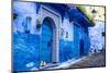 Chefchaouen, Morocco. Cat and blue door and buildings-Jolly Sienda-Mounted Photographic Print