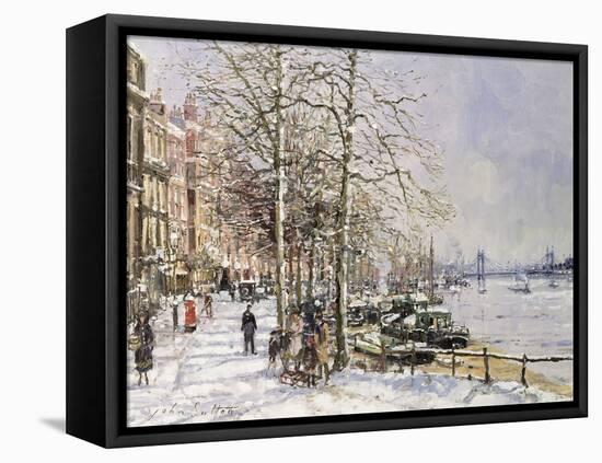 Chelsea: Cheyne Walk under Snow-John Sutton-Framed Stretched Canvas