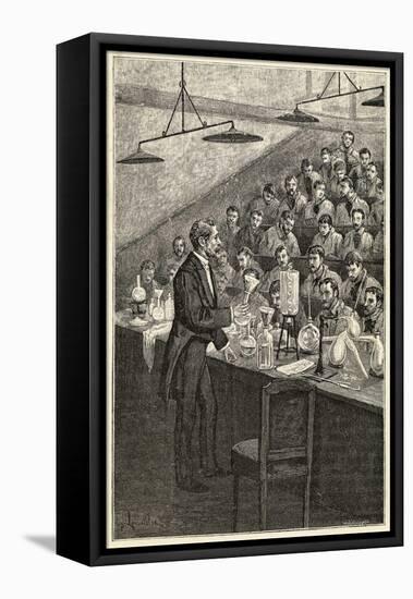 Chemistry Professor Holding a Glass Vessel Holds Forth in a Parisian Lecture Hall-null-Framed Stretched Canvas