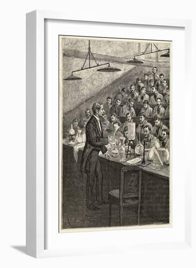 Chemistry Professor Holding a Glass Vessel Holds Forth in a Parisian Lecture Hall-null-Framed Art Print