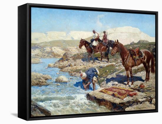 Cherkessian Horsemen Crossing the River-Franz Roubaud-Framed Stretched Canvas