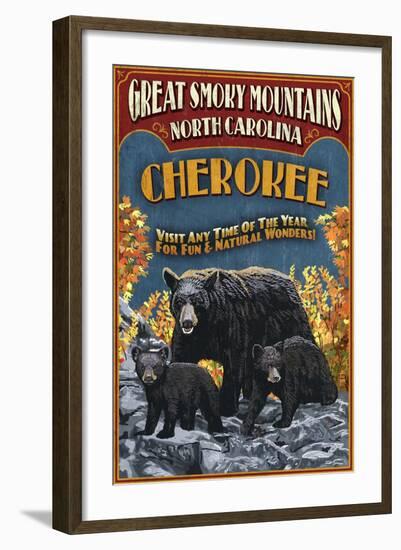 Cherokee, North Carolina - Black Bear Vintage Sign-Lantern Press-Framed Art Print