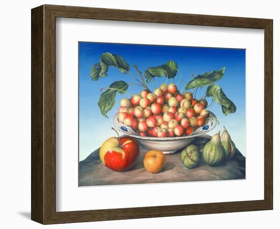 Cherries in Delft Bowl with Red and Yellow Apple-Amelia Kleiser-Framed Giclee Print
