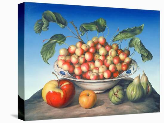 Cherries in Delft Bowl with Red and Yellow Apple-Amelia Kleiser-Stretched Canvas