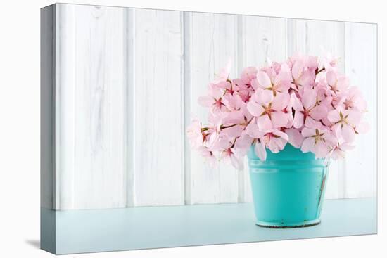 Cherry Blossom Flower Bouquet on Wooden Background-Anna-Mari West-Stretched Canvas