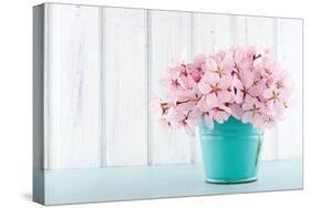 Cherry Blossom Flower Bouquet on Wooden Background-Anna-Mari West-Stretched Canvas