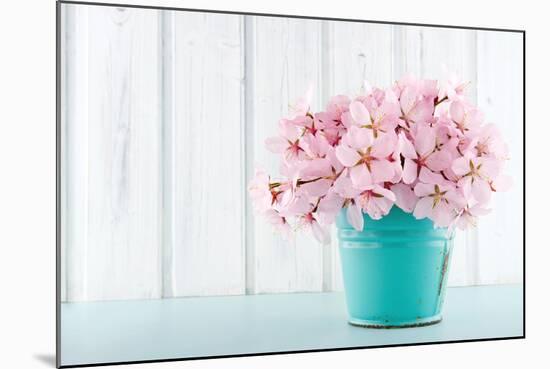 Cherry Blossom Flower Bouquet on Wooden Background-Anna-Mari West-Mounted Photographic Print