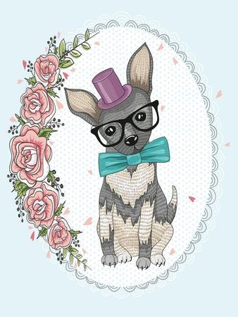 Cute Hipster Dog and Flower Frame.
