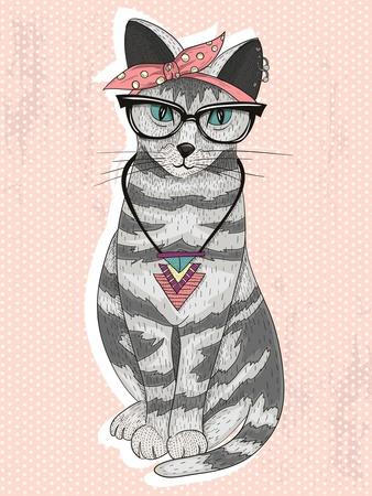 Cute Hipster Rockabilly Cat with Head Scarf, Glasses and Necklace