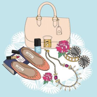 Fashion Essentials. Background with Bag, Sunglasses, Shoes, Jewelery, Makeup and Flowers.