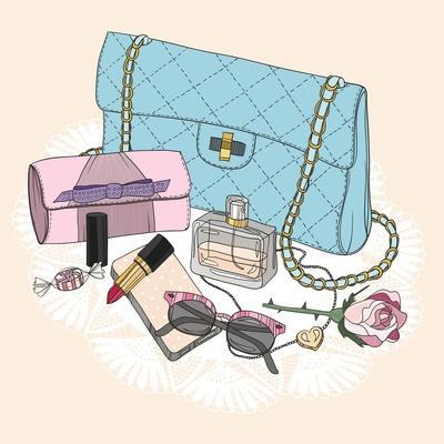 Fashion Essentials. Background with Bag, Sunglasses, Shoes, Jewelery, Perfume, Makeup and Flowers.