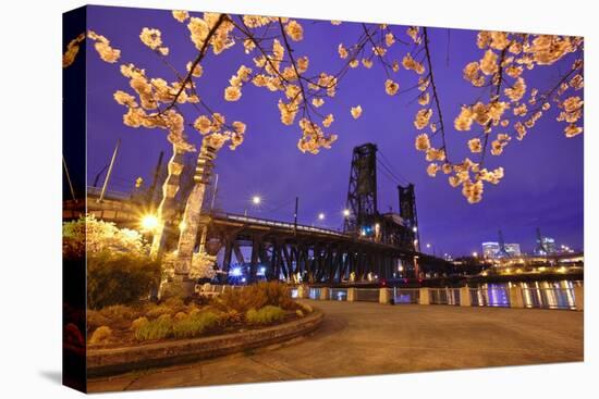 Cherry Blossoms and Water Front Park, Steel Ridge, Willamette River, Portland Oregon.-Craig Tuttle-Stretched Canvas