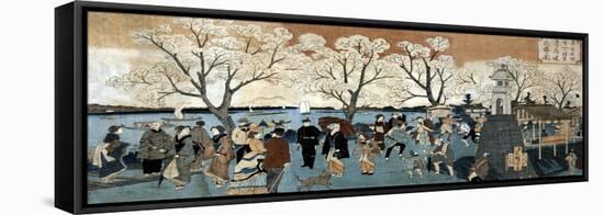 Cherry Blossoms in Full Bloom along Sumida River, Japanese Wood-Cut Print-Lantern Press-Framed Stretched Canvas