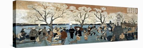 Cherry Blossoms in Full Bloom along Sumida River, Japanese Wood-Cut Print-Lantern Press-Stretched Canvas